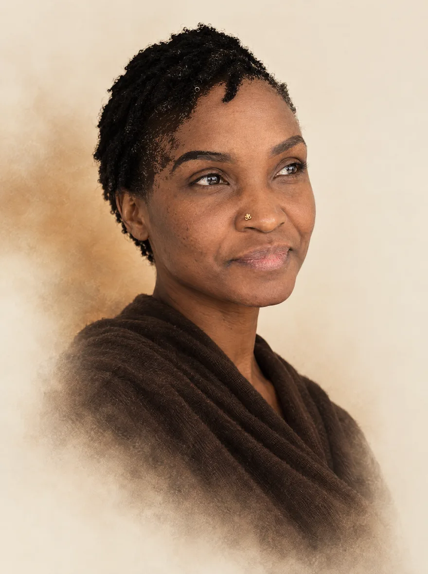 Lola Ilesanmi, looking into the distance, her portrait dissolving softly into the page.